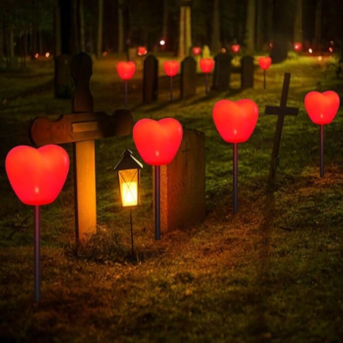 Set of 6 Solar Red Heart Stake Lights for Valentines Day Decor, Outdoor Waterproof Heart Shaped Light for Garden Pathway Flowerbed Cemetery Grave Porch Walkway Valentine's Theme Decorations