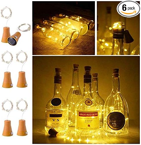 6 Pack Solar Powered Wine Bottle Lights, 20 LED Waterproof Copper Cork Solar Lights for Wedding Christmas, Outdoor, Holiday, Garden, Patio, Pathway Decor (Warm White)