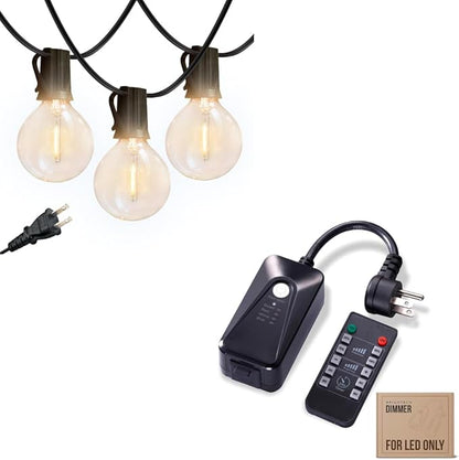 Brightech Bundle: Ambience Pro Waterproof LED Outdoor String Lights - 26 Ft 12 Bulbs, 1W Vintage Edison, Warm White Black + Outdoor Dimmer Plug