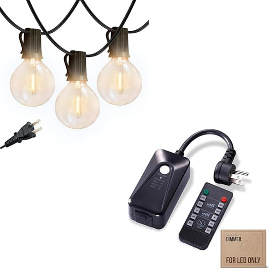 Brightech Bundle: Ambience Pro Waterproof LED Outdoor String Lights - 26 Ft 12 Bulbs, 1W Vintage Edison, Warm White Black + Outdoor Dimmer Plug