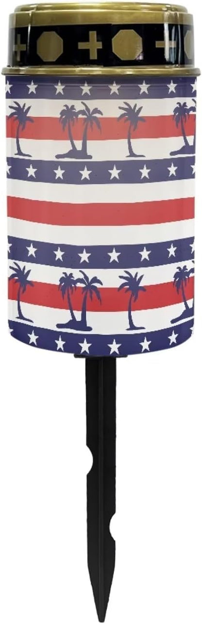 Palm Tree American Flag Garden Decor Solar Light Outdoor Stake Patio Yard Lawn Porch Pathway Grave Solar Lights for Cemetery Christmas Outside Waterproof Decorations