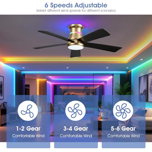 Surtime 46" Ceiling Fans with RGB Lights - Flush Mount Ceiling Fan Light with LED 3CCT Dimmable, Modern Low Profile Gold Ceiling Fan with Reversible Black Blades