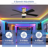Surtime 46" Ceiling Fans with RGB Lights - Flush Mount Ceiling Fan Light with LED 3CCT Dimmable, Modern Low Profile Gold Ceiling Fan with Reversible Black Blades