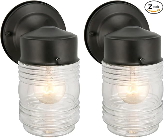 Design House Jelly Jar Wall Light, Indoor/Outdoor, Clear Ribbed Glass, Dimmable, Matte Black, Wall Mount Sconce Fixture, 4.5W x 7.5H x 5.25 in D, 502195 (Pack of 2)