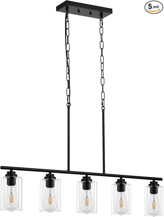 VEVOR 5-Light Kitchen Island Pendant Lights, 60W, Adjustable Dining Room Light Fixture with Clear Glass Lampshade 4 Rods 2 Metal Chains, Metal Frame Farmhouse Linear Chandeliers for Dining Room, E26