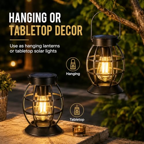 LeiDrail Solar Lanterns Outdoor, Hanging Metal Lights, Dual LED, 2 Pack