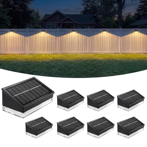 Solar Fence Lights 8 Pack, Outdoor Solar Lights with 3 Color Temperatures, IP65 Waterproof Wide-Angle LED Lighting for Fence, Patio, Yard, Deck, Wall, Garden (Black)