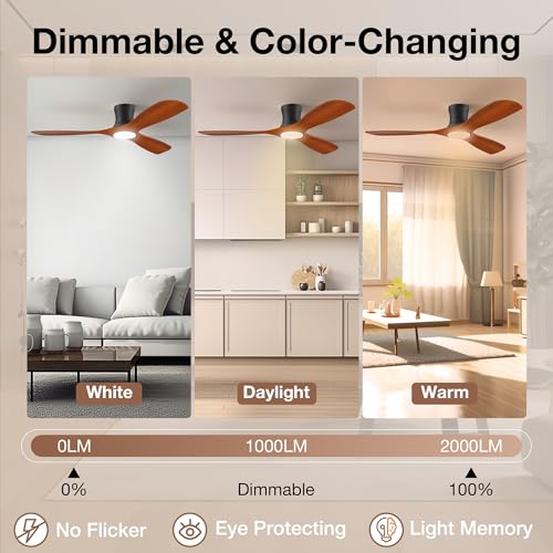 52" Low Profile Smart Ceiling Fans with Light Remote,Flush Mount,Wood,Quiet