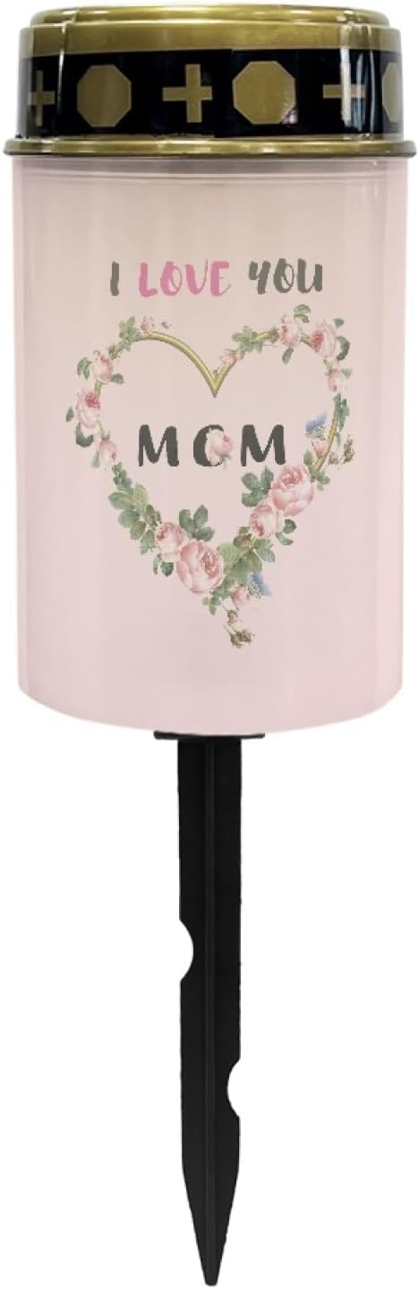 I Love Mom Solar Lights Outdoor Solar Garden Stake Lights Landscape Lighting for Yard Patio Cemetery Decoration for Grave,Flameless Warm White Lights Solar Powered Lights for Outside