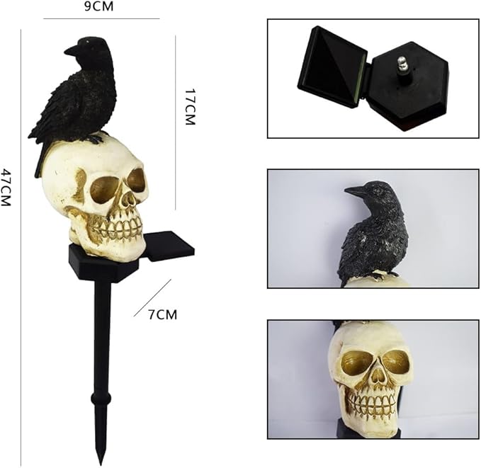 2 Packs of LED Solar Crow Skull Lights, Halloween Outdoor Atmosphere Decoration lamp, and Cute Resin Crow Skull Courtyard Landscape Lights.
