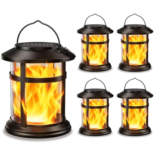 Solar Lanterns Outdoor Waterproof, 4 Pack Upgraded Flickering Flame Hanging Solar Lights, Solar Powered Decorative Lanterns for Garden Patio Porch Table Decor Gifts