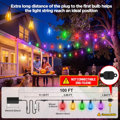 100FT Plug-in String Lights, Fixed 5-Color ST38 Bulbs, Bluetooth & Remote