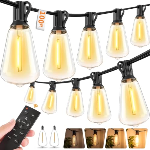 Hotsonic Remote Control Outdoor String Lights Waterproof, 100FT LED Outside Lights with Shatterproof Bulbs, Dimmable Hanging Light 3 Modes for Patio Porch Garden pergola Yard House Bistro Party decors