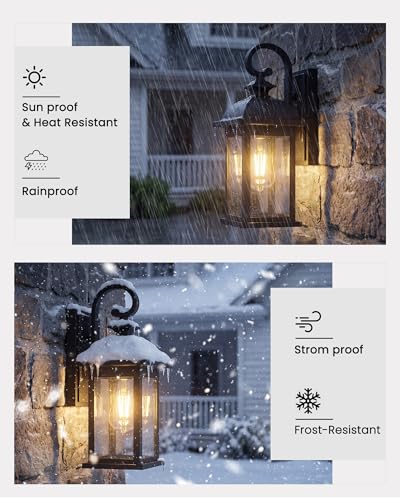 FEMILA Exterior Wall Sconce, 2 Packs Outdoor Waterproof Wall Lights Fixture, E26 Socket Wall Lantern for Porch, Anti-Rust Matte Black Finish with Seeded Glass Lampshade, 4FD54B-2PK BK