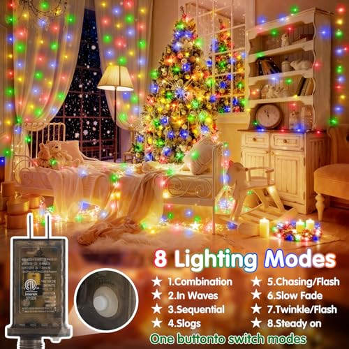 KNONEW 203FT 600LED Green Wire Outdoor Fairy Lights Plug in Multicolor Xmas