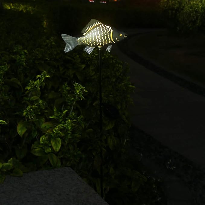 KAIXOXIN Solar Garden Lights Metal Fish Decorative Stake for Outdoor Patio Yard Decorations,Warm White LED Solar Path Lights (Silver-1)
