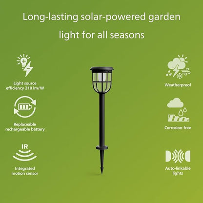 Philips Solar LED 1-Pack Ultra-Efficient Pathway Light - Radii, Automatically Linkable, Dusk to Dawn, Motion Sensor, 3000K Bright White Light, IP44, Black