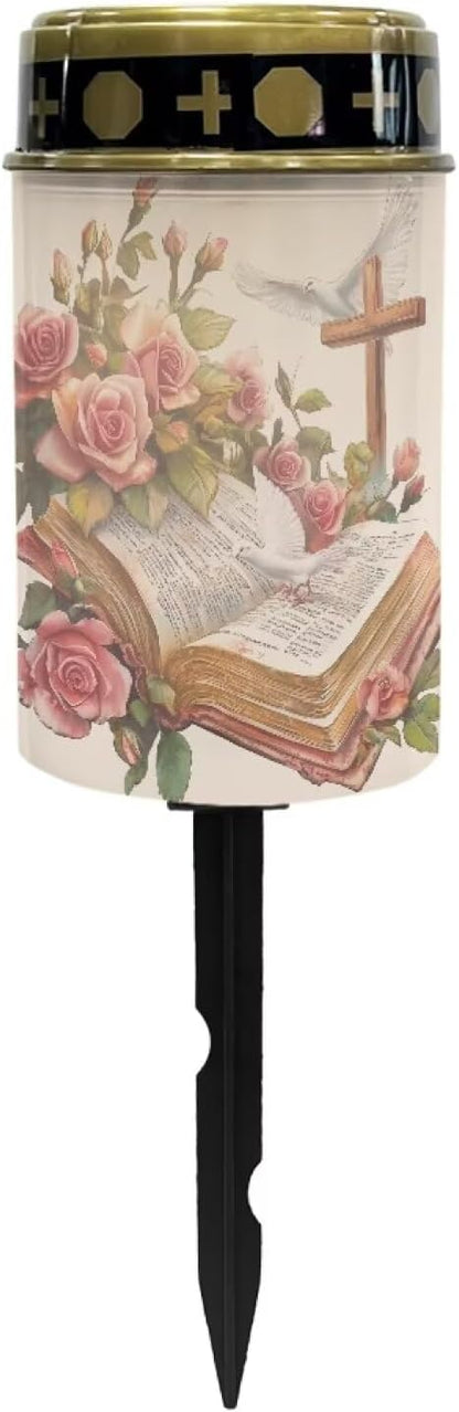 Cemetery Solar Lights for Grave Red Waterproof Outdoor Flameless Candle Solar Pathway Lights Outdoor Landscape Path Light Memorial Gift Cross Book