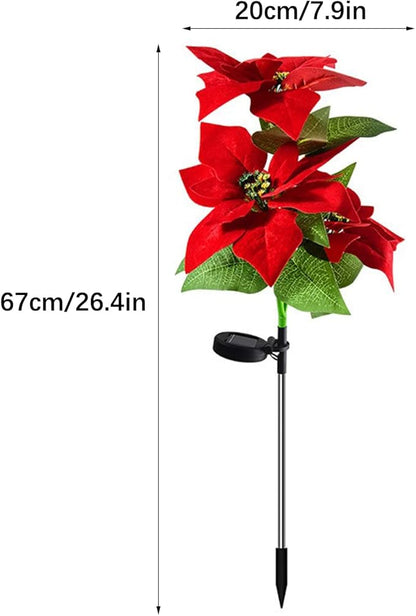 MSUIINT 2 Pcs Christmas Decorations Outdoor Solar Lights, Artificial Red Poinsettia Flower Decorations Solar Stake, Waterproof Solar Pathway Lights for Xmas Garden Yard Patio Lawn Decor