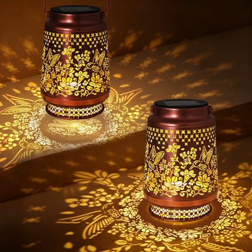 2 Pack Hummingbird Solar Lanterns Outdoor Waterproof, Garden Decor Birthday Gifts for Women Mom Grandma Sister, Metal Hanging Solar Lights Outside Decorative for Backyard Patio Lawn Pathway Landscape