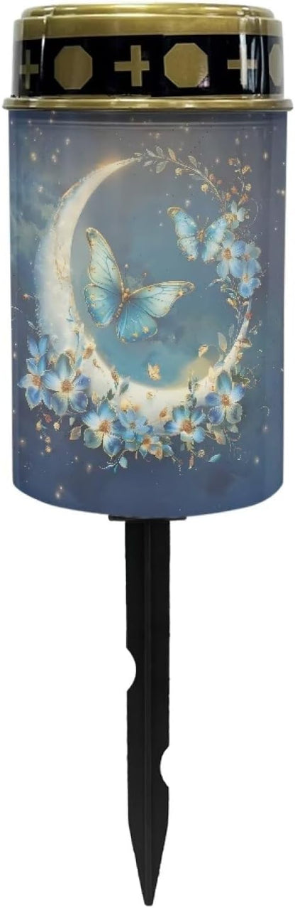 Butterfly Moon Solar Garden Lights Outdoor Solar Stake Lights Memorial Cemetery Decorations Driveway Markers for Outside Patio Yard Pathway Gravesite Decor for Loss of Loved One