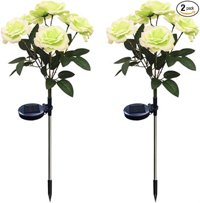 Aolyty Solar Garden Lights, 2 Pack Solar Rose Lights with 14 Rose Flowers, IP65 Waterproof LED Landscape Light Warm Light for Garden Patio Yard Pathway Valentines Day Outdoor Decorative (Green)