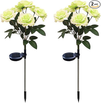 Aolyty Solar Garden Lights, 2 Pack Solar Rose Lights with 14 Rose Flowers, IP65 Waterproof LED Landscape Light Warm Light for Garden Patio Yard Pathway Valentines Day Outdoor Decorative (Green)