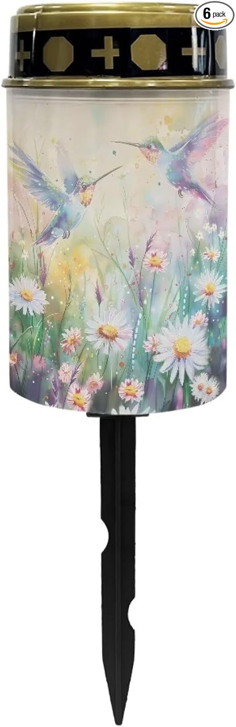 ZOUTAIRONG Solar Glass Light Garden Stake Lights Cemetery Decorations for Grave Outdoor Lamps Hummingbirds Daisy Print Garden Lawn Yard Patio Decor Haunted House-6 Pack
