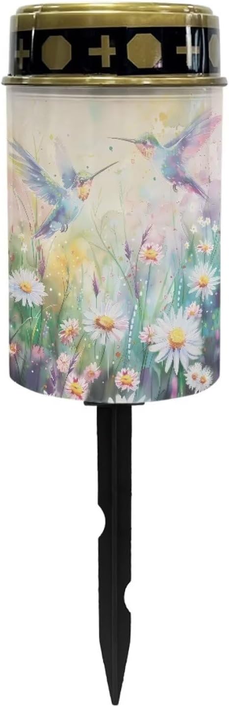 ZOUTAIRONG Solar Glass Light Garden Stake Lights Cemetery Decorations for Grave Outdoor Lamps Hummingbirds Daisy Print Garden Lawn Yard Patio Decor Haunted House-1 Pack
