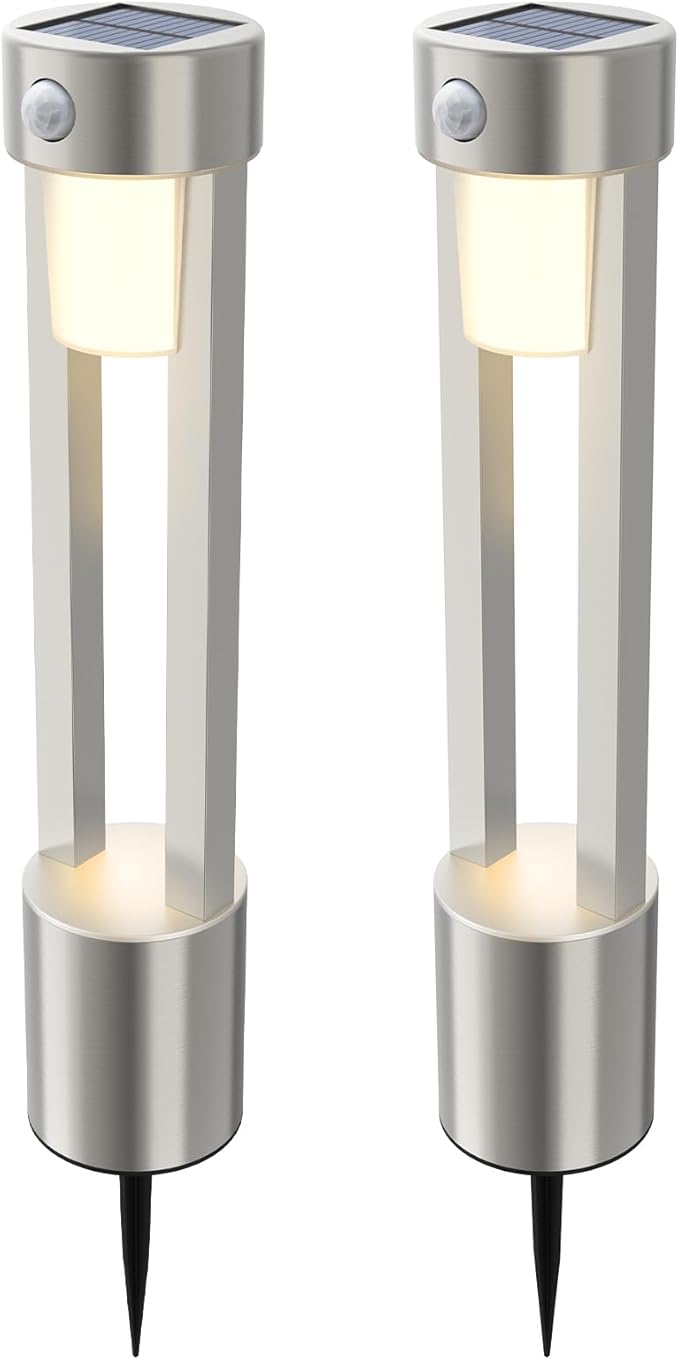 Solar Bollard Lights Outdoor Stainless Steel Pathlight Security Light Motion-Sensor Security Light Metal 2Pack