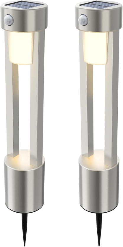 Solar Bollard Lights Outdoor Stainless Steel Pathlight Security Light Motion-Sensor Security Light Metal 2Pack