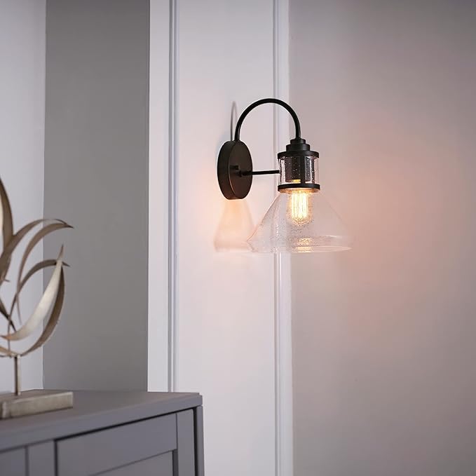 GLOBE Electric 44661 Torrent 1-Light Outdoor Wall Sconce, Black, Seeded Glass Shade, 60W Vintage Edison | Lumora