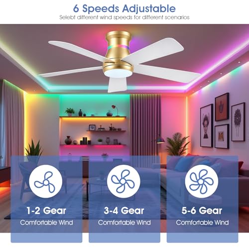 Surtime 46" Ceiling Fans with RGB Lights - Flush Mount Ceiling Fan Light with LED 3CCT Dimmable, Modern Low Profile Gold Ceiling Fan with Reversible White Blades