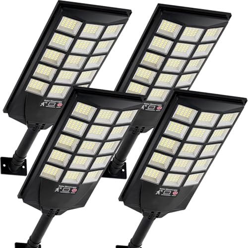 Solar Lights Outdoor Waterproof, 6500K Dusk to Dawn Solar Street Light Motion Sensor with Remote, LED Security Flood Light for Outside Garden Yard Path, Oudoor Parking Lot Lights, 4PACK