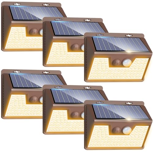 Solar Lights Outdoor Motion Sensor Waterproof, 6Pack 140LED Brown Solar Powered Fence Light, 3 Modes Security Wall Lights for Garden Yard Outside(Warm White)