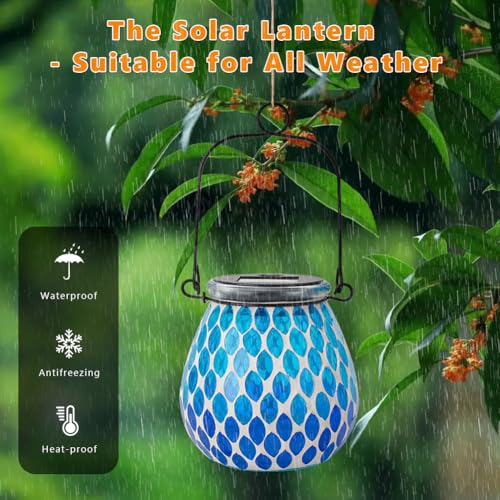 Starsoul Solar Lanterns Outdoor Waterproof, Elegant Blue Glass Mosaic Solar Lantern, Solar Hanging Lights Outside Patio Porch Yard Decor