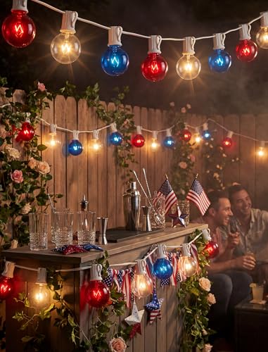 4th of July Decorations String Lights, 25Ft Outdoor Patio String Lights with 27 G40 Red White and Blue Light Bulbs(2 Spare), Independence Day Lights for Patriotic Party Garden Festival Decor- White