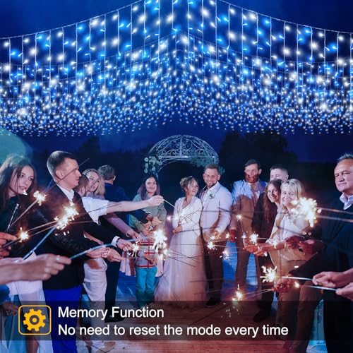 99ft Blue and White Christmas Lights, 1216 LED Icicle Lights for Outside House Clear Wire Twinkle Light with 8 Modes Timer Waterproof for Window Party Tree Holiday Patio Yard Home Decor