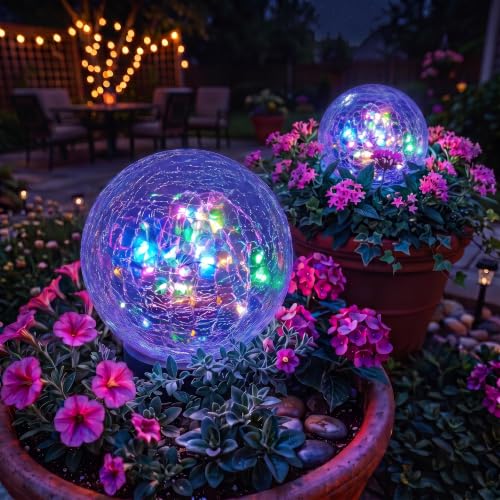 2 Pack 4.72" Multicolor Solar Power Cracked Glass Orb Light Outdoor