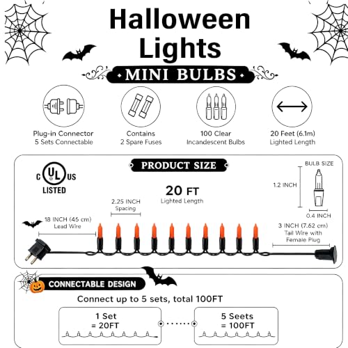 TW SHINE Orange Halloween Lights, 20FT 100 Count Incandescent Mini String Lights, Waterproof Halloween Decorations for Outdoor Indoor Patio Home Party Garden Yard Decor