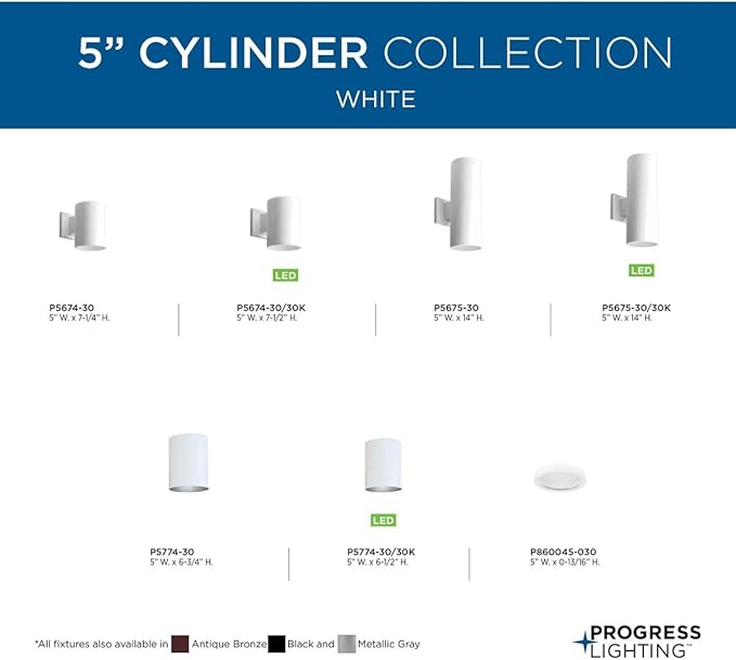 Progress Lighting 5-Inch Cylinder Outdoor Wall Sconce, 2-Light Modern Wall Mount Up and Down Lights, Interior and Exterior Lighting for Home or Porch, Aluminum Construction, White (P5675-30)