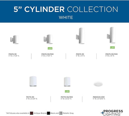 Progress Lighting 5-Inch Cylinder Outdoor Wall Sconce, 2-Light Modern Wall Mount Up and Down Lights, Interior and Exterior Lighting for Home or Porch, Aluminum Construction, White (P5675-30)