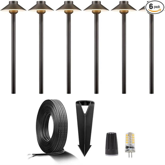 Gardenreet Brass Low Voltage Path Lighting Kit (6 Pack Path Lights) with 100 Feet Cable and 30Pack Wire Connectors for Outdoor Pathway House Garden Patio Without Transformer