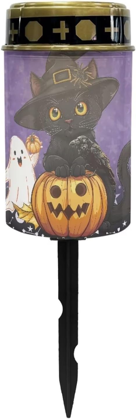 Black Cat Ghost Pumpkin Cemetery Solar Lights, Solar Powered Garden Stake Lights, Halloween Decorative Lights for Cemetery Grave Yard Patio Outdoor Decoration Memorial