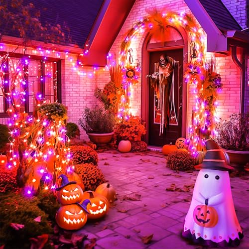 100FT Purple Orange Halloween Lights, Clear Wire Plug-in String Lights