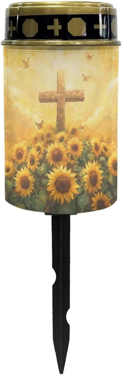 Cemetery Solar Lights for Outside Cross Sunflowers Solar Powered Garden Stake Lights Decorate Lawn, Patio, Fence, Backyard