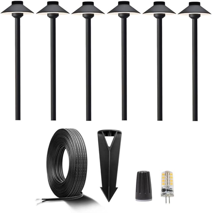 Gardenreet Brass Low Voltage Black Path Lighting Kit (6 Pack Path Lights) with 100 Feet Cable and 30Pack Wire | Lumora