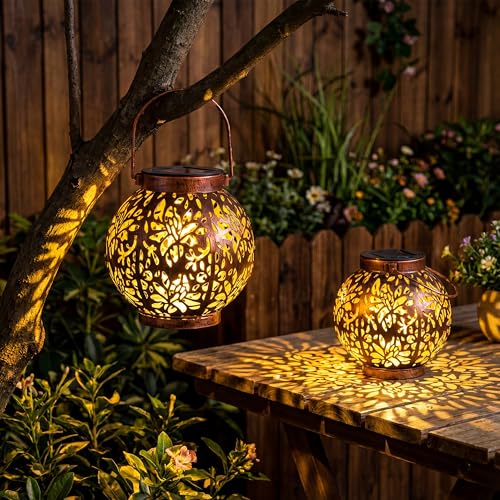 JOIEDOMI 2 Pack Outdoor Solar Hanging Lantern Lights, Waterproof Tabletop with Handle, LED Moroccan Lanterns, Metal Decorative Garden Solar Lights Spring for Patio, Lawn, Porch, Backyard