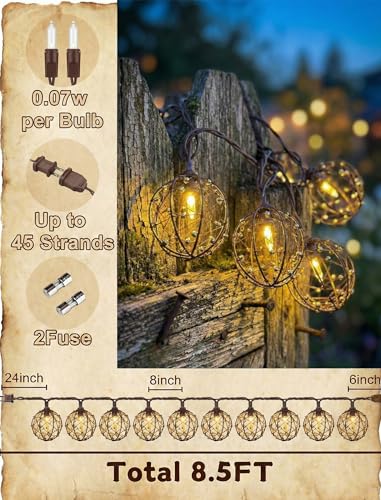 Oviejo 8.5FT LED Patio String Lights, Waterproof Outdoor Lantern String Lights with 12 Bulbs, Beaded Copper Wire Ball Style, Connectable Yard Garden Bistro Party Lights, Warm White