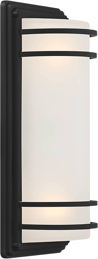 John Timberland Habitat 16" High Modern Industrial Outdoor Wall Sconce Light Fixture Mount Porch House Exterior Outside Cylinder Weatherproof Black Metal Frosted Glass Shade Front Door Patio Garage